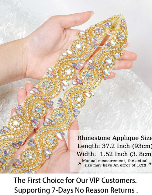 Load image into Gallery viewer, Wedding Rhinestones Pearls Applique, Rhinetones Trim for Dress, Sash, Bridal Applique, Crystal Beaded Applique, Wedding Rhinestone Applique RA245 (1 Yard, RA245-AB Gold)
