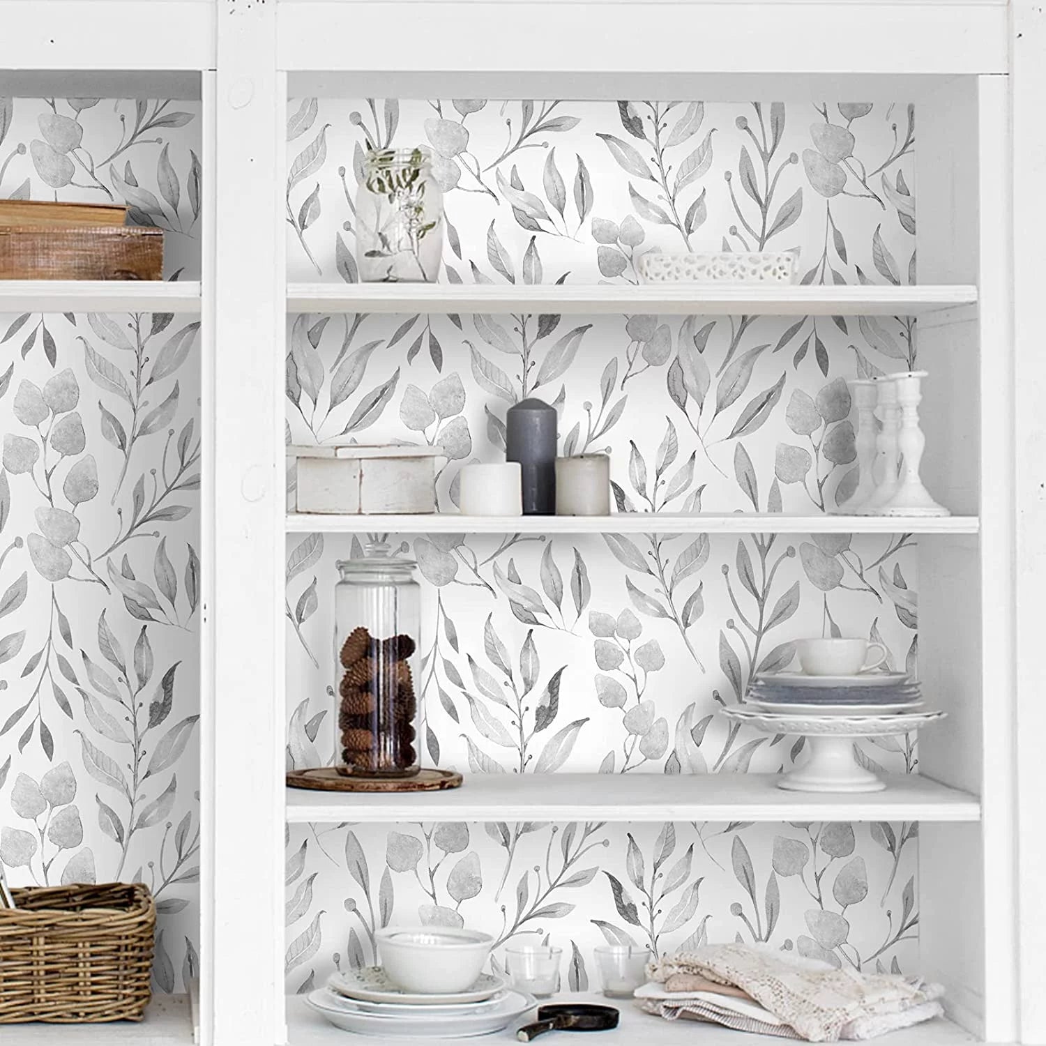 Peel and Stick Wallpaper Floral Wallpaper Gray Leaf Self Adhesive Wallpaper,17.7 in X 590 In