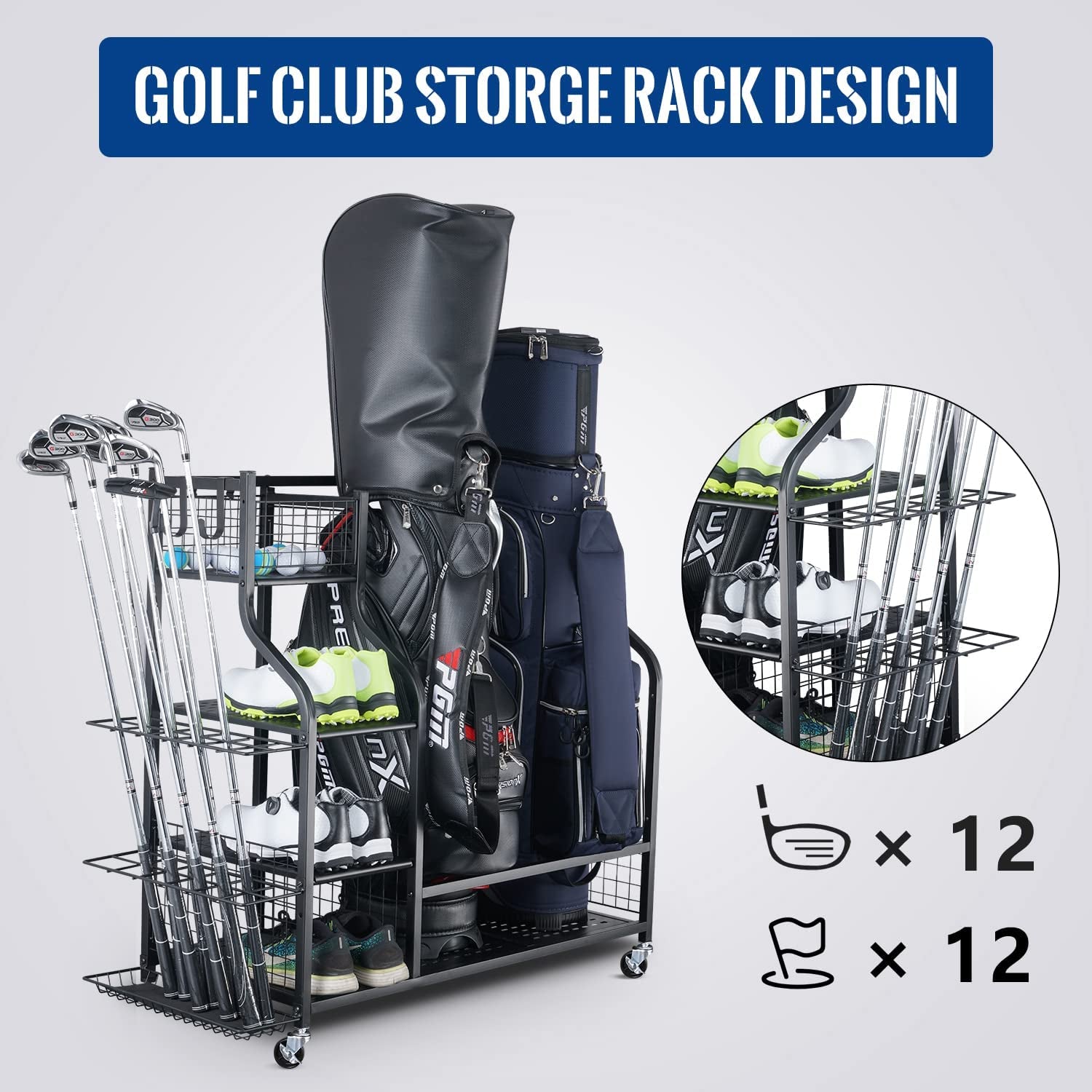 Golf Storage Garage Organizer, Golf Bag Storage Stand and Other Golfing Equipment Rack, Extra Storage Rack for Golf Clubs