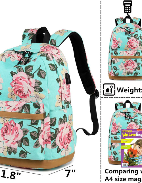 Load image into Gallery viewer, Canvas School Backpack Teens Backpack School Bag Backpack for School Book Bag Set (Floral-Water Blue)
