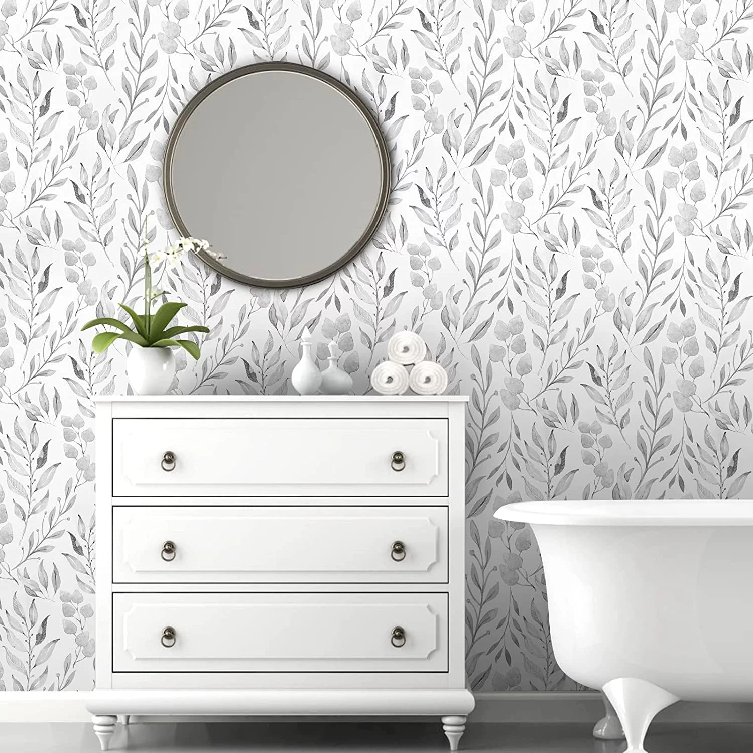 Peel and Stick Wallpaper Floral Wallpaper Gray Leaf Self Adhesive Wallpaper,17.7 in X 590 In