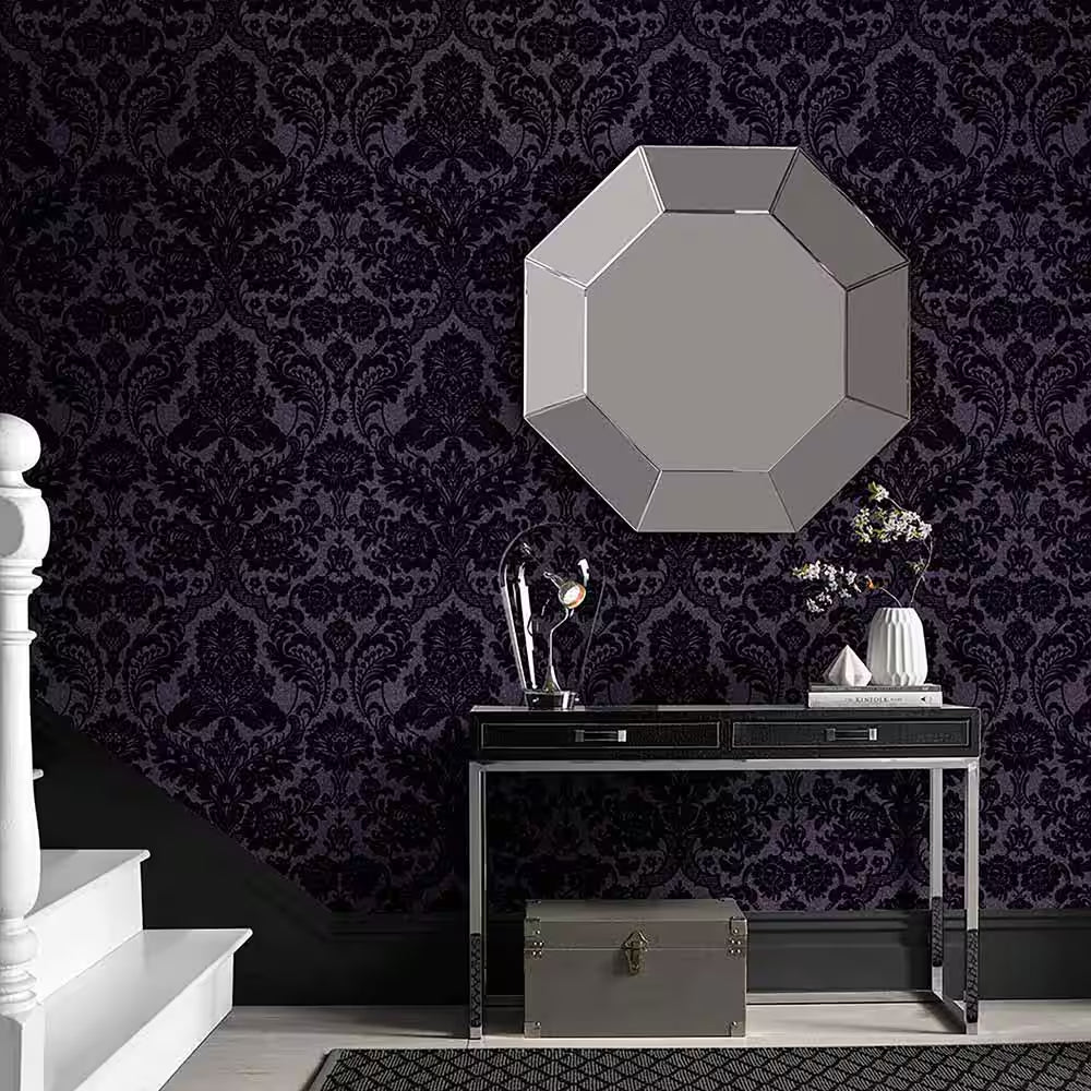 Gothic Damask Flock Plum Removable Wallpaper