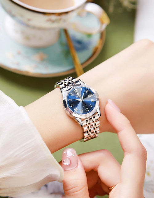 Load image into Gallery viewer, Fashion Blue Face Watches for Women Elegant Sliver Stainless Steel Strap Womens Watches Day Date Watches for Ladies Waterproof Ladies Watches Analog Quartz Watches Womens Roman Numerals Watches
