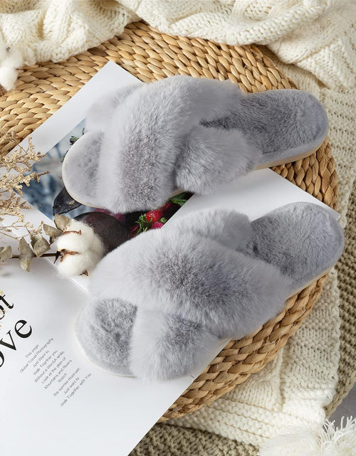 Load image into Gallery viewer, Women&#39;S Cross Band Slippers Soft Plush Furry Cozy Open Toe House Shoes Indoor Outdoor Faux Rabbit Fur Warm Comfy Slip on Breathable
