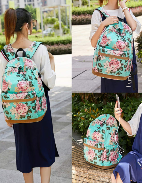 Load image into Gallery viewer, Canvas School Backpack Teens Backpack School Bag Backpack for School Book Bag Set (Floral-Water Blue)
