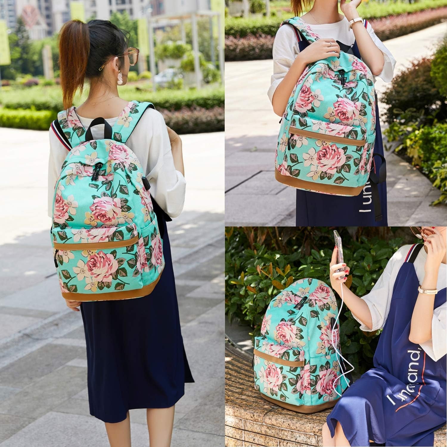 Canvas School Backpack Teens Backpack School Bag Backpack for School Book Bag Set (Floral-Water Blue)