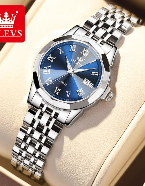 Load image into Gallery viewer, Fashion Blue Face Watches for Women Elegant Sliver Stainless Steel Strap Womens Watches Day Date Watches for Ladies Waterproof Ladies Watches Analog Quartz Watches Womens Roman Numerals Watches
