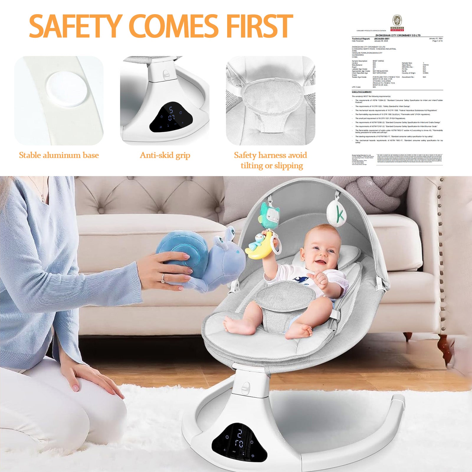 Electric Baby Swing for Infants, Bluetooth Swing Baby Bouncer Baby Rocker with Intelligence Timing, Gray