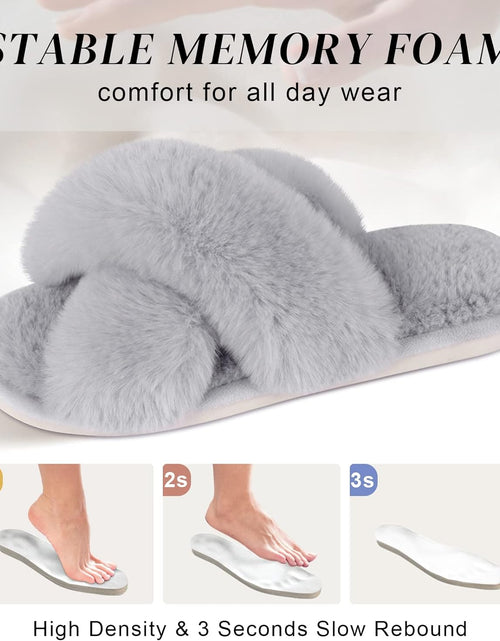 Load image into Gallery viewer, Women&#39;S Cross Band Slippers Soft Plush Furry Cozy Open Toe House Shoes Indoor Outdoor Faux Rabbit Fur Warm Comfy Slip on Breathable
