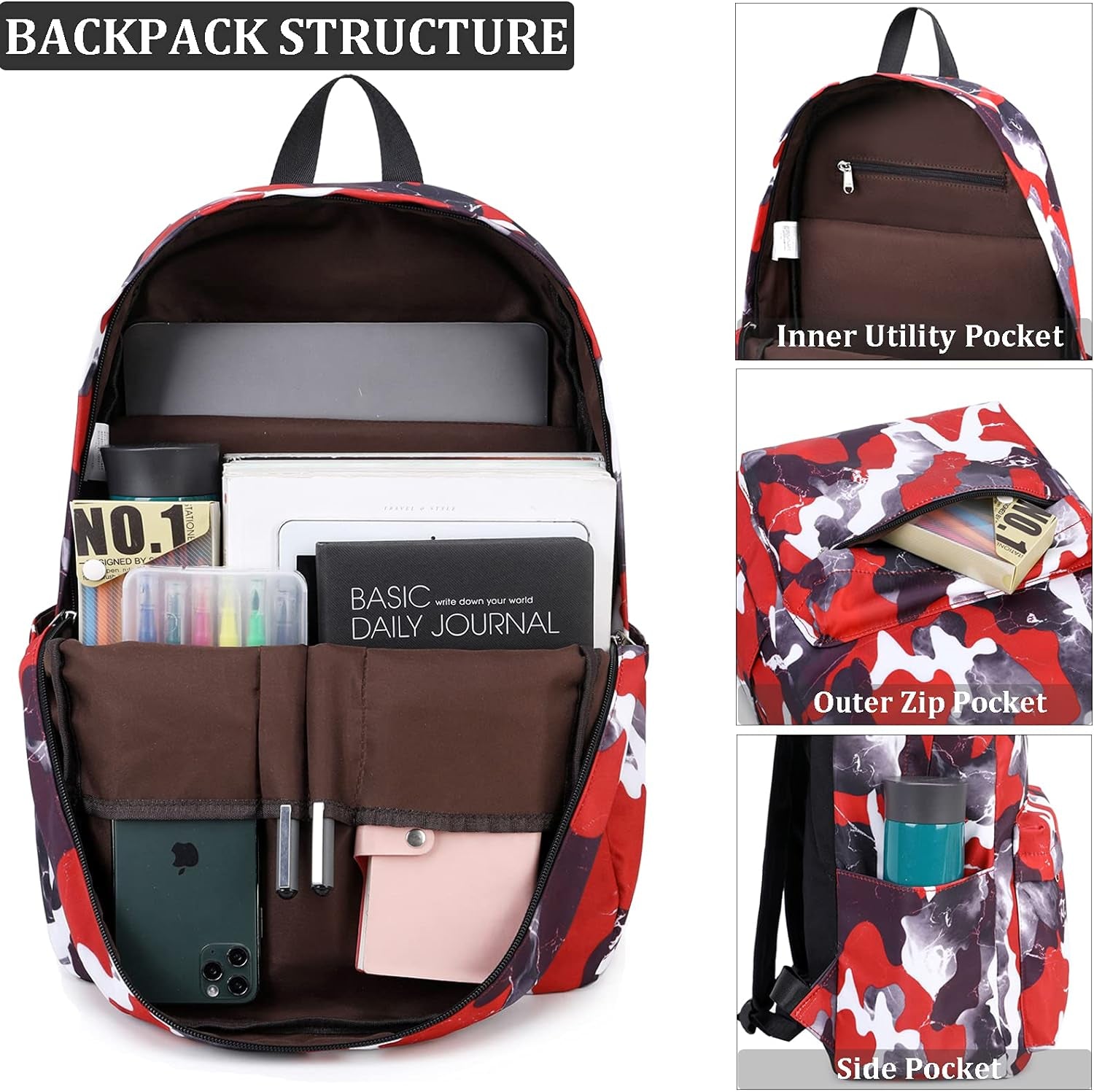 Boy/Girl School Backpack Set Camouflage Bookbags School Bags for Elementary Middle School