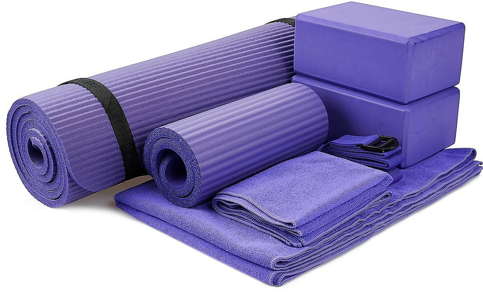 Go Yoga 7-Piece Set - Include Yoga Mat with Carrying Strap, 2 Yoga Blocks, Yoga Mat Towel, Yoga Hand Towel, Yoga Strap and Yoga Knee Pad