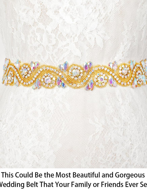 Load image into Gallery viewer, Wedding Rhinestones Pearls Applique, Rhinetones Trim for Dress, Sash, Bridal Applique, Crystal Beaded Applique, Wedding Rhinestone Applique RA245 (1 Yard, RA245-AB Gold)
