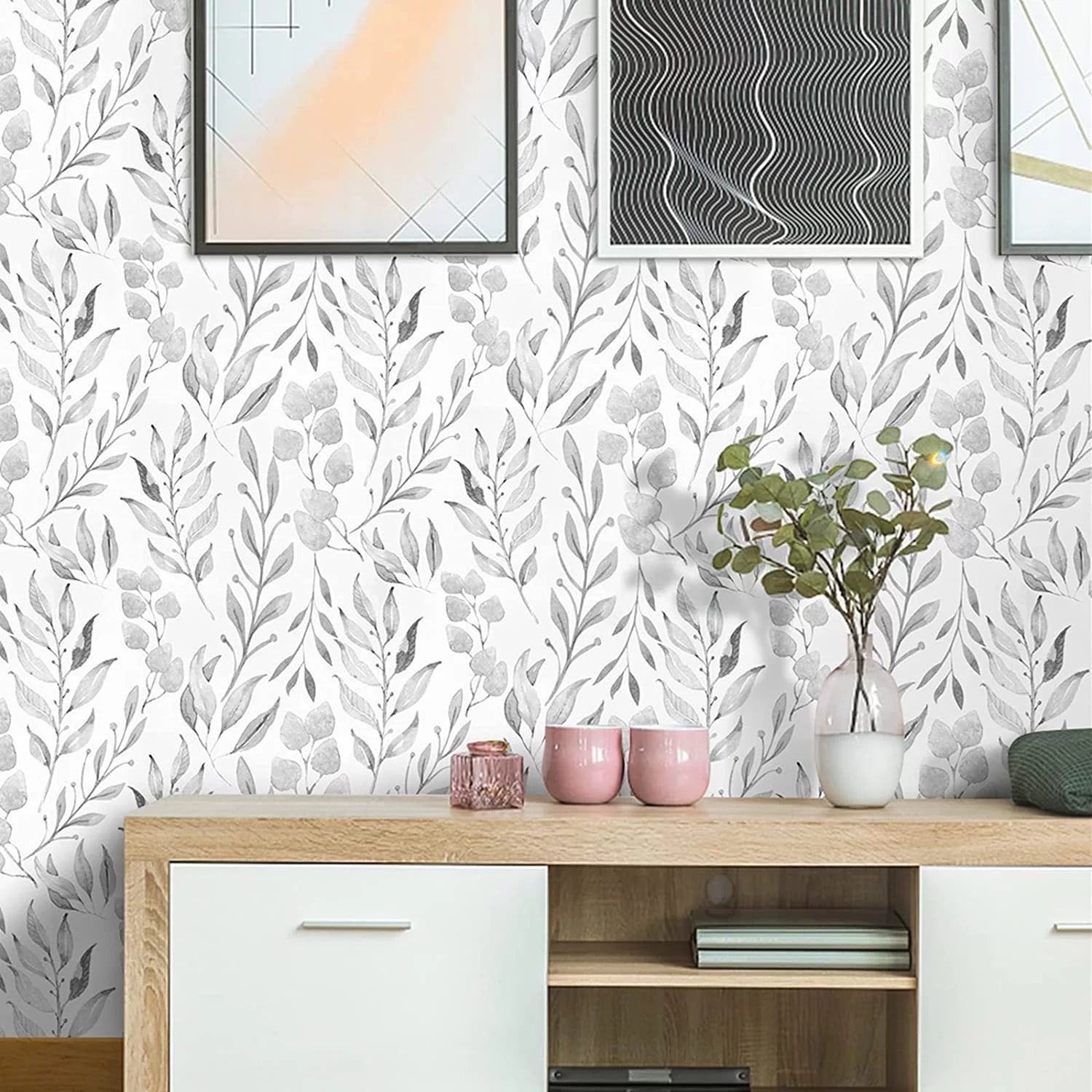 Peel and Stick Wallpaper Floral Wallpaper Gray Leaf Self Adhesive Wallpaper,17.7 in X 590 In