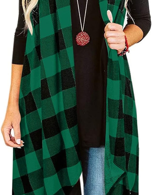 Load image into Gallery viewer, Womens Plaid Open Front Sweaters Sleeveless Duster Cardigans Drape Lightweight Vest Coat with Pockets
