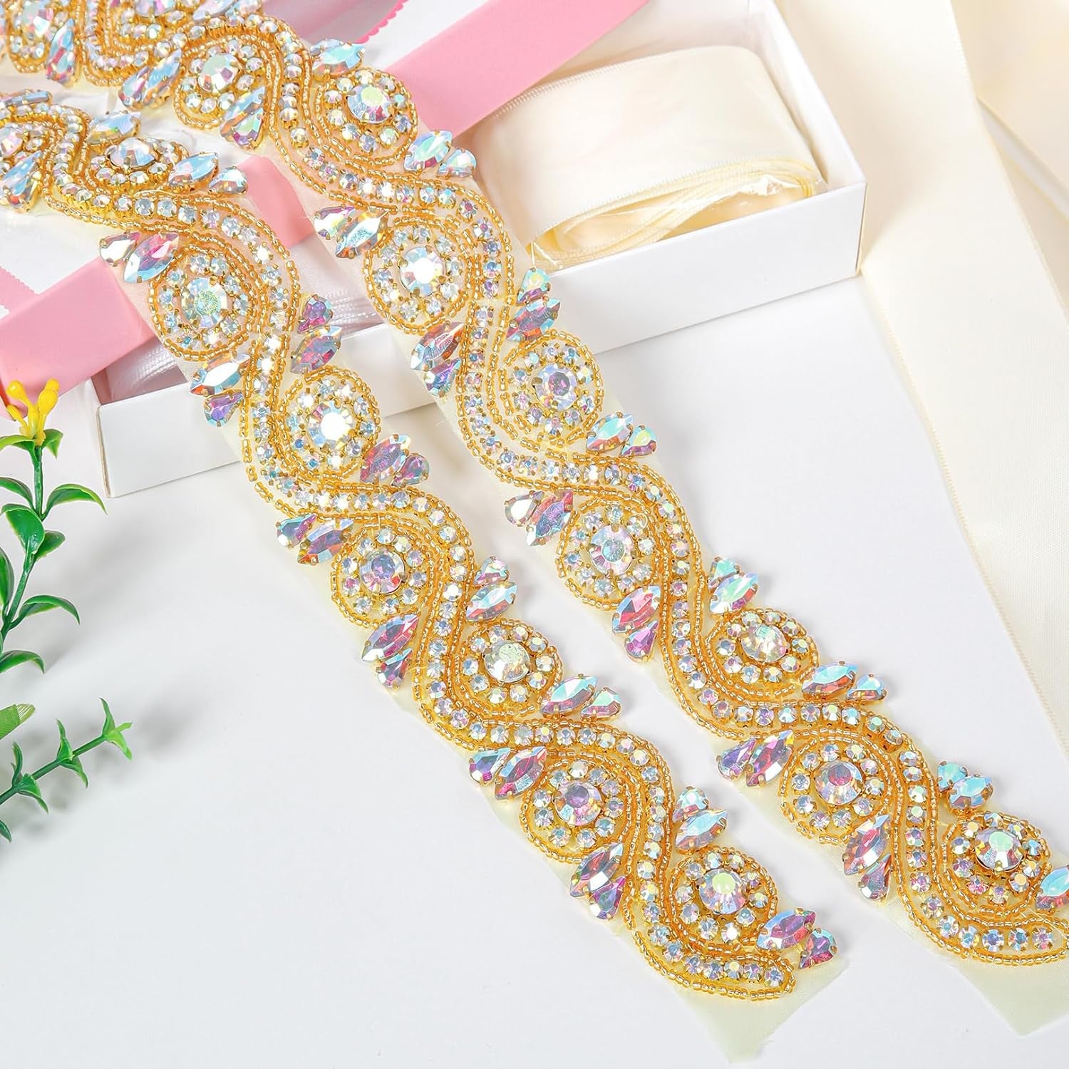 Wedding Rhinestones Pearls Applique, Rhinetones Trim for Dress, Sash, Bridal Applique, Crystal Beaded Applique, Wedding Rhinestone Applique RA245 (1 Yard, RA245-AB Gold)