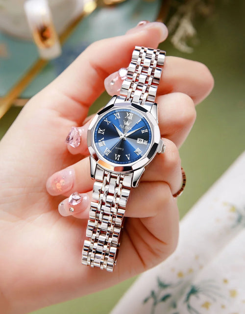 Load image into Gallery viewer, Fashion Blue Face Watches for Women Elegant Sliver Stainless Steel Strap Womens Watches Day Date Watches for Ladies Waterproof Ladies Watches Analog Quartz Watches Womens Roman Numerals Watches
